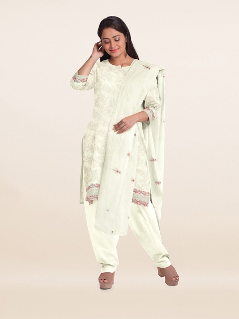 Pothys Cream Embroidered Unstitched Dress Material