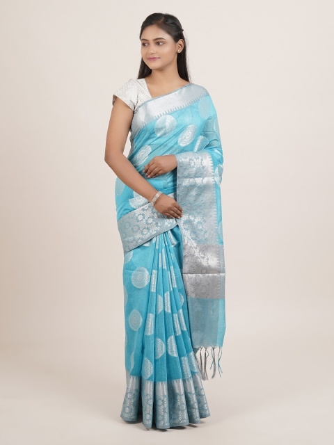 Pothys Blue & Silver-Toned Woven Design Saree
