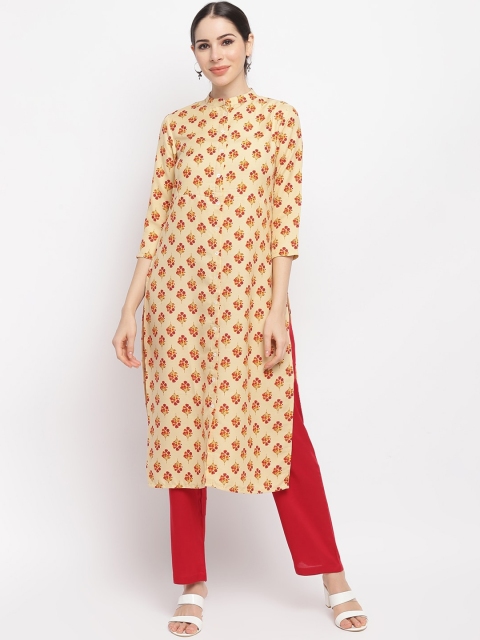 IMARA Women Beige Floral Printed Kurti with Trousers