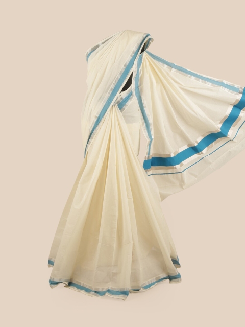 Pothys Off White & Blue Zari Pure Cotton Kasavu Saree