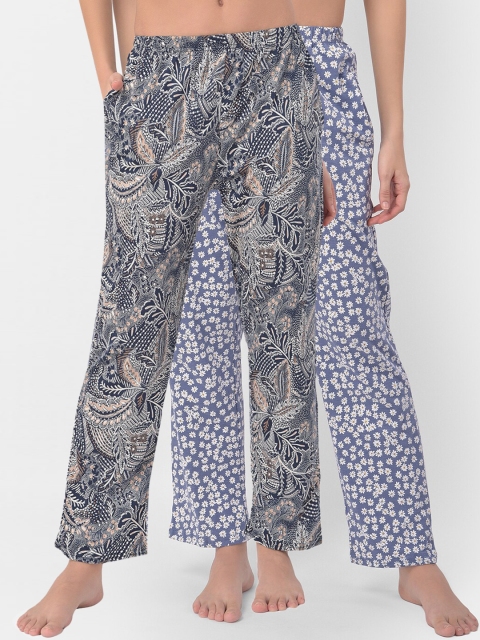 Clovia Women Pack Of 2 Printed Cotton Lounge Pants, Blue