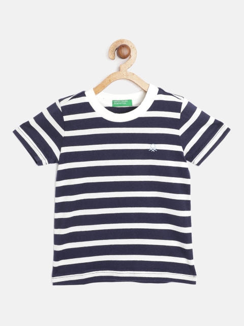United Colors of Benetton Boys Navy Blue & White Pure Cotton Striped T-shirt