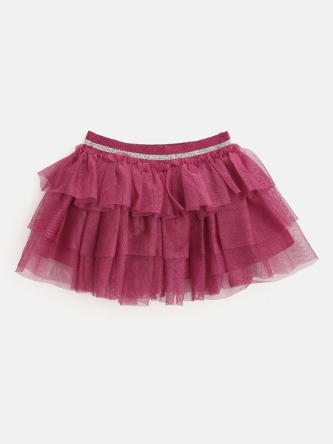 United Colors of Benetton Girls Magenta Net Solid Layered Mini Tulle Flared Skirt