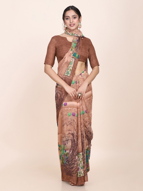 Shaily Women Brown Georgette Abstract Printed Saree