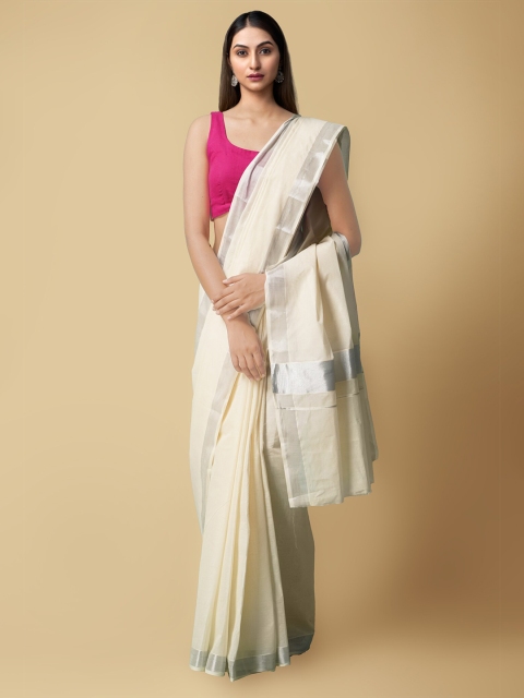 Unnati Silks Cream-Coloured & Silver-Toned Zari Pure Cotton Sustainable Kasavu Saree
Unnati Silks Cream-Coloured & Silver-Toned Zari Pure Cotton Sustainable Kasavu Saree