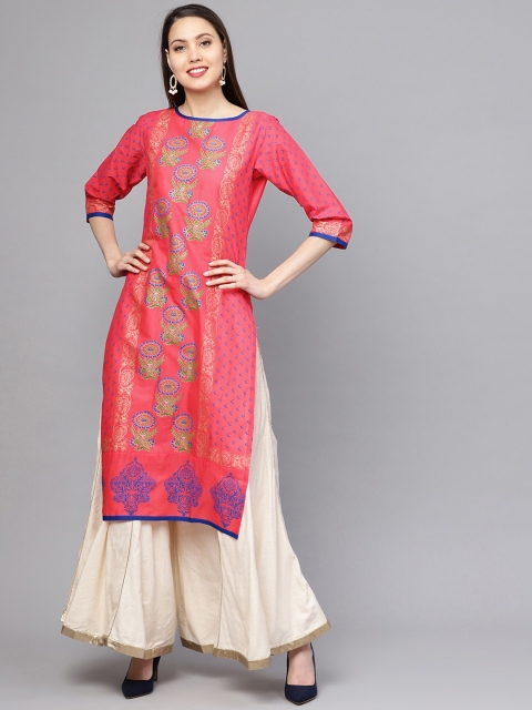 ZOEYAMS Women Coral Pink Floral Block Printed Straight Kurta