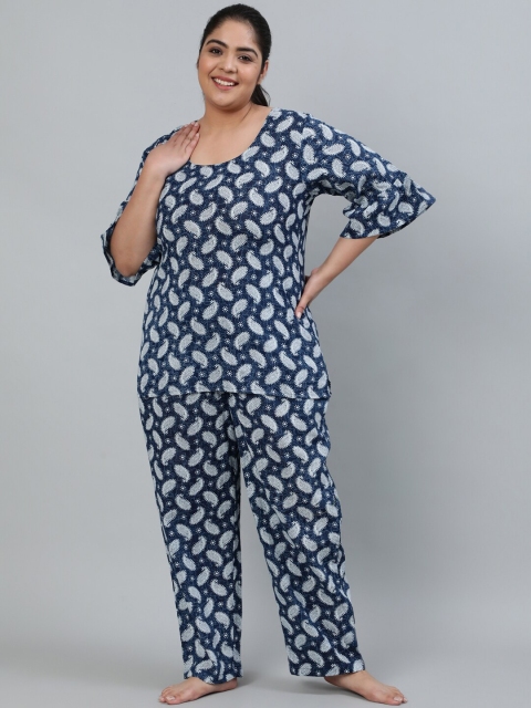 Nayo Women Blue & White Paisley Printed Night Suit