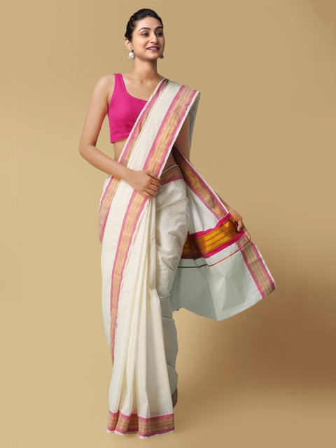 Unnati Silks Cream-Coloured & Pink Woven Design Zari Pure Cotton Sustainable Kasavu Saree
Unnati Silks Cream-Coloured & Pink Woven Design Zari Pure Cotton Sustainable Kasavu Saree