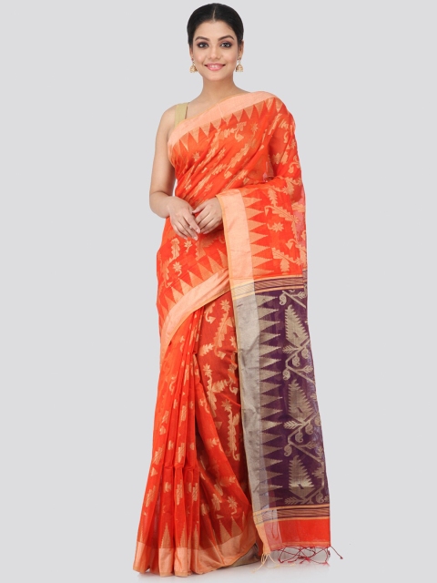 PinkLoom Orange & Beige Woven Design Zari Handloom Sustainable Saree