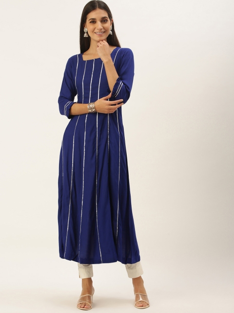 NEFIS Women Navy Blue & Silver Striped Gotta Patti A-Line Kurta