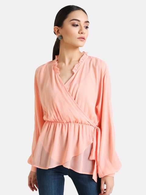 Kazo Women Peach-Coloured Wrap Longline Top