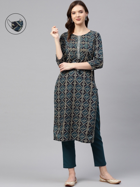 Readiprint Fashions Women Navy Blue Bandhani Printed Kurta with Trousers & Face Mask
Readiprint Fashions Women Navy Blue Bandhani Printed Kurta with Trousers & Face Mask