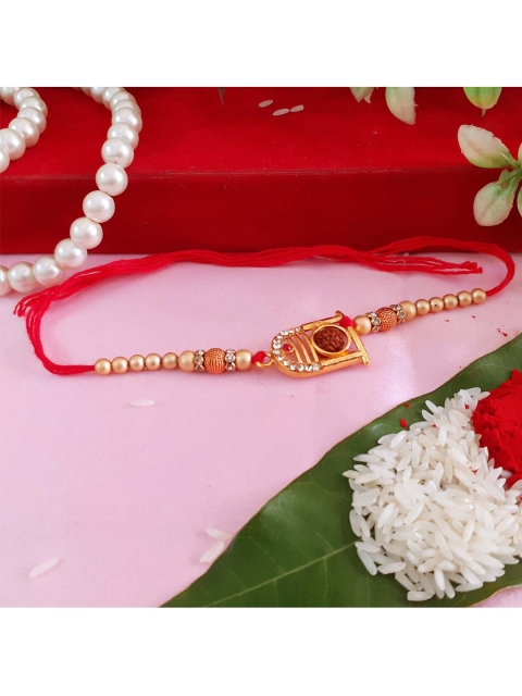 Menjewell Red & Gold-Toned Shiviling Textured Stone Studded Beaded Rakhi & Chawal Roli
Menjewell Red & Gold-Toned Shiviling Textured Stone Studded Beaded Rakhi & Chawal Roli