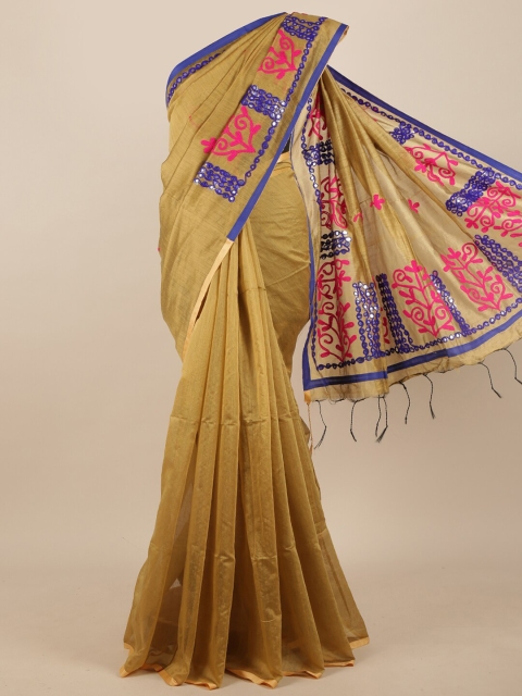 Pothys Tan Floral Embroidered Jute Cotton Saree