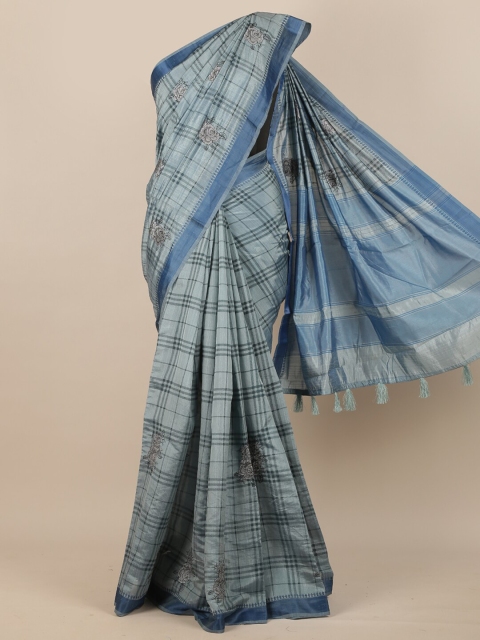 Pothys Blue & Grey Checked Embroidered Saree