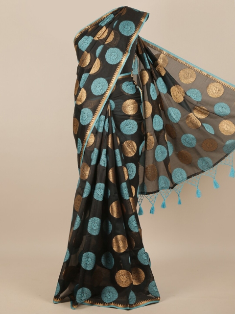 Pothys Cotton Blend Black & Gold-Toned Ethnic Motifs Saree