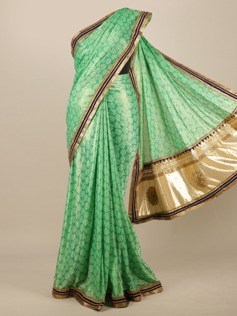 Pothys Green & Gold Floral Poly Chiffon Saree