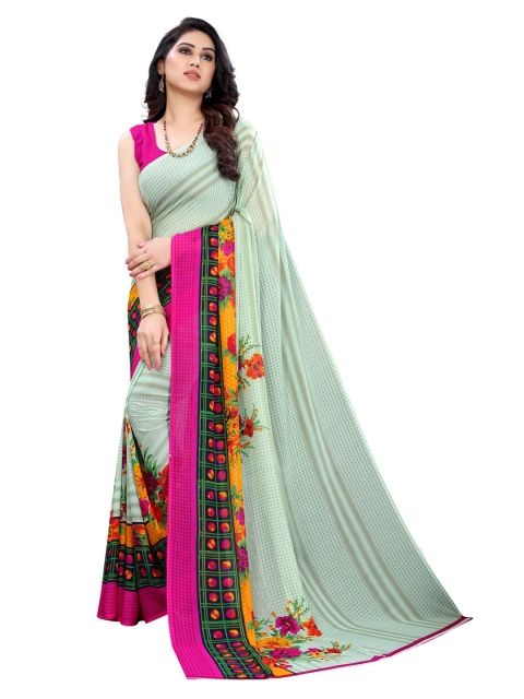 KALINI Sea Green & Pink Floral Printed Pure Georgette Saree