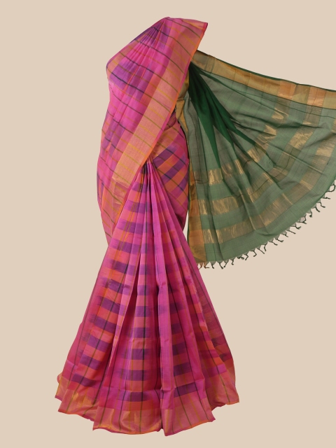 Pothys Pink & Purple Checked Silk Cotton Saree