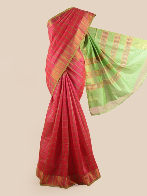 Pothys Pink & Green Checked Saree