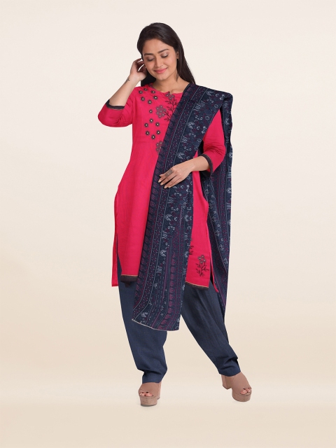 Pothys Pink & Navy Blue Embroidered Unstitched Dress Material