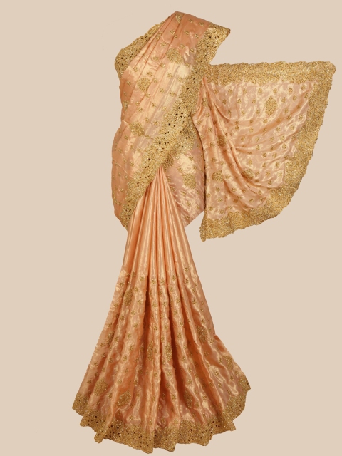 Pothys Peach-Coloured & Gold-Toned Embellished Saree