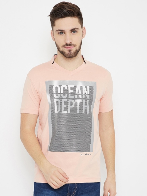 Duke Men Peach-Coloured & Grey Graphic Printed Slim Fit T-shirt