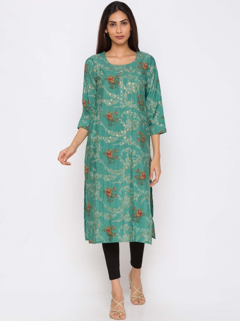 ZOLA Women Green & Gold-Coloured Floral Printed Kurta