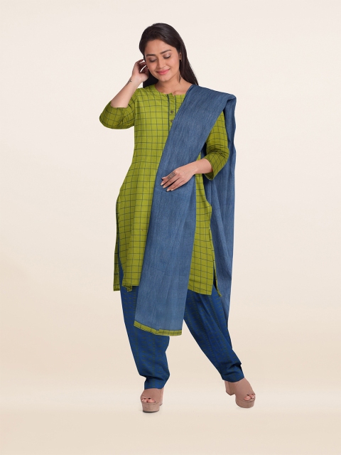 Pothys Green & Teal Printed Unstitched Dress Material