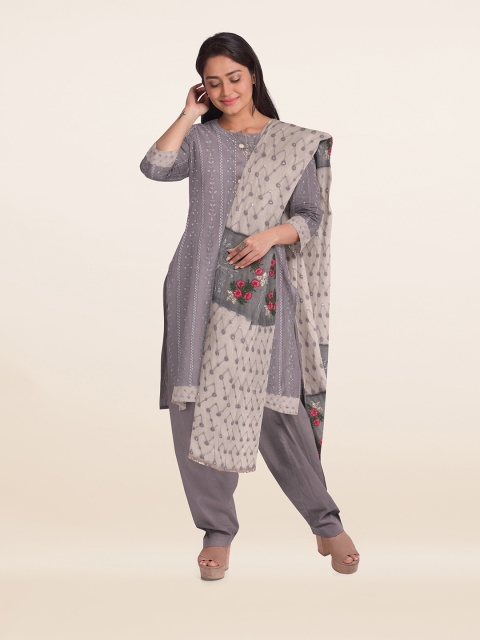 Pothys Women Grey Embroidered Unstitched Dress Material