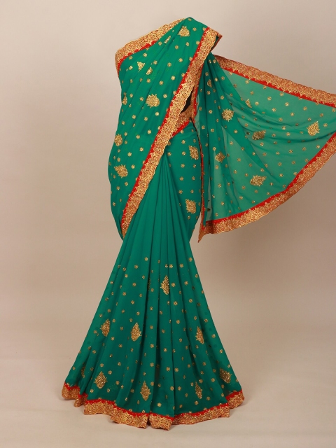 Pothys Women Blue & Red Floral Embroidered Saree, Green