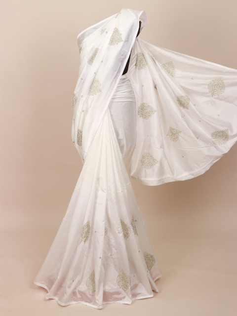 Pothys White & Gold-Toned Ethnic Motifs Beads & Stones Art Silk Saree