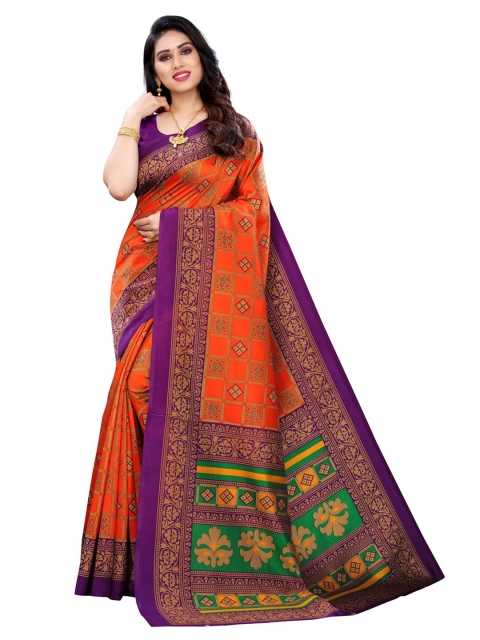 KALINI Orange & Purple Printed Poly Silk Saree