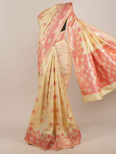 Pothys Women Cream-Coloured & Pink Floral Woven Designed Saree