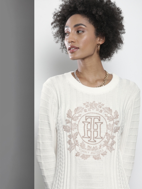 Tommy Hilfiger Women White & Brown Cable Knit Pure Cotton Pullover with Embroidered Detail
Tommy Hilfiger Women White & Brown Cable Knit Pure Cotton Pullover with Embroidered Detail