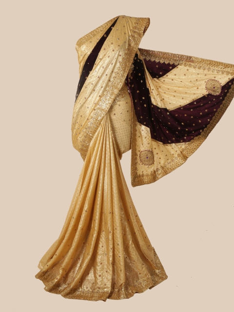 Pothys Gold-Toned & Maroon Floral Embroidered Saree