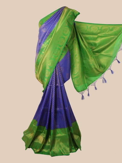 Pothys Blue & Green Ethnic Motifs Zari Jute Silk Saree