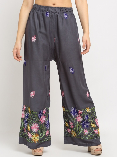 NEUDIS Women Grey & Pink Floral Embroidered Ethnic Palazzos