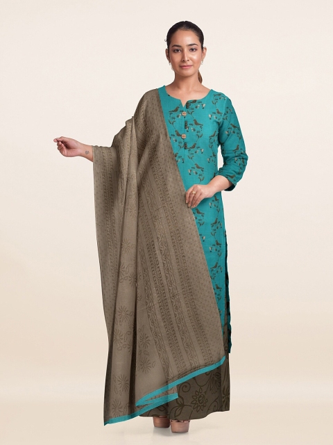 Pothys Green & Brown Printed Unstitched Dress Material