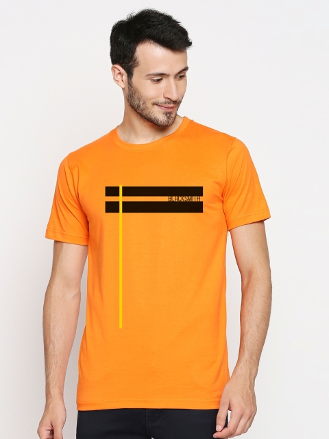 Blacksmith Men Orange & Black Striped Cotton T-shirt