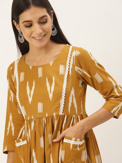 NEFIS Mustard Yellow & Off-White Printed Ethnic Fit & Flare Dress