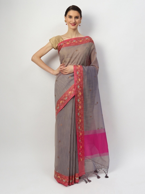 EthnicRoom Grey & Pink Woven Design Zari Silk Cotton Banarasi Saree