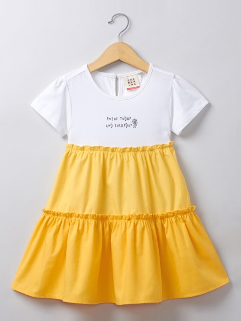 Ed-a-Mamma Girls Yellow & White Colourblocked Pure Cotton Dress
