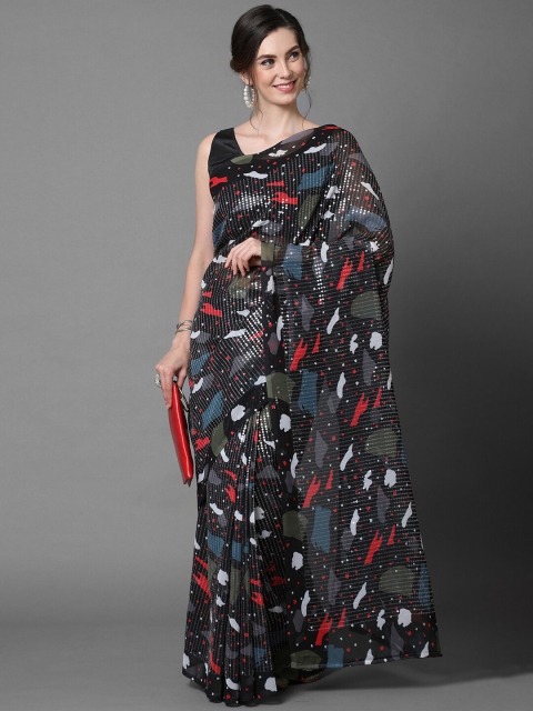 Mitera Black Georgette Printed & Embellished Party Saree