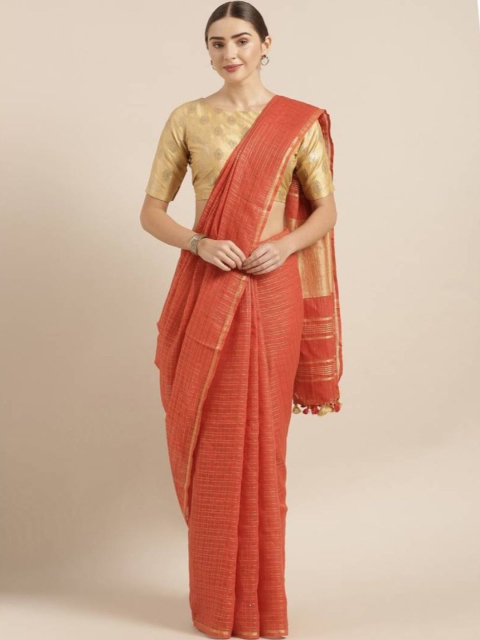 Mirraw Red & Gold-Toned Zardozi Pure Linen Fusion Saree
