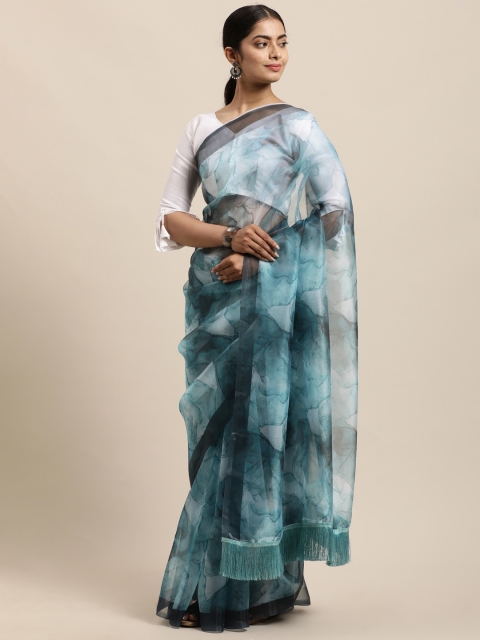 Mitera Teal & White Organza Saree