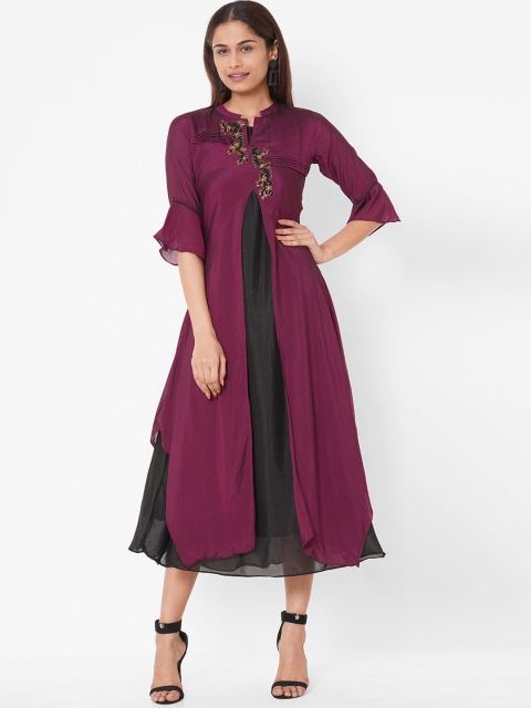 ZOLA Women Purple Embroidered Flared Sleeves Thread Work Georgette Anarkali Kurta