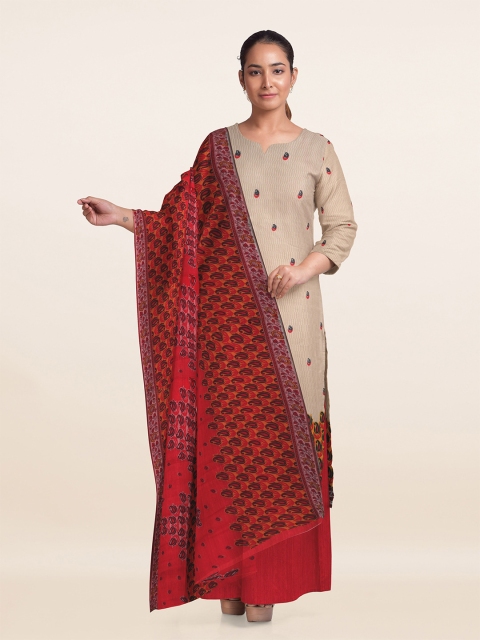Pothys Cream-Coloured & Red Printed Unstitched Dress Material