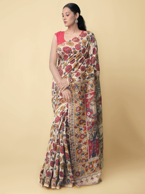 Unnati Silks Cream-Coloured & Maroon Kalamkari Silk Cotton Sustainable Kanjeevaram Saree
Unnati Silks Cream-Coloured & Maroon Kalamkari Silk Cotton Sustainable Kanjeevaram Saree