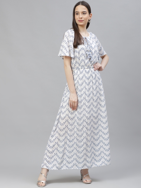 Marks & Spencer White & Grey Embroidered Tie-Up Neck Maxi Dress